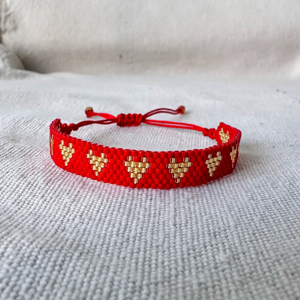 Pulsera Tejida corazones Rojo dorado miyuki